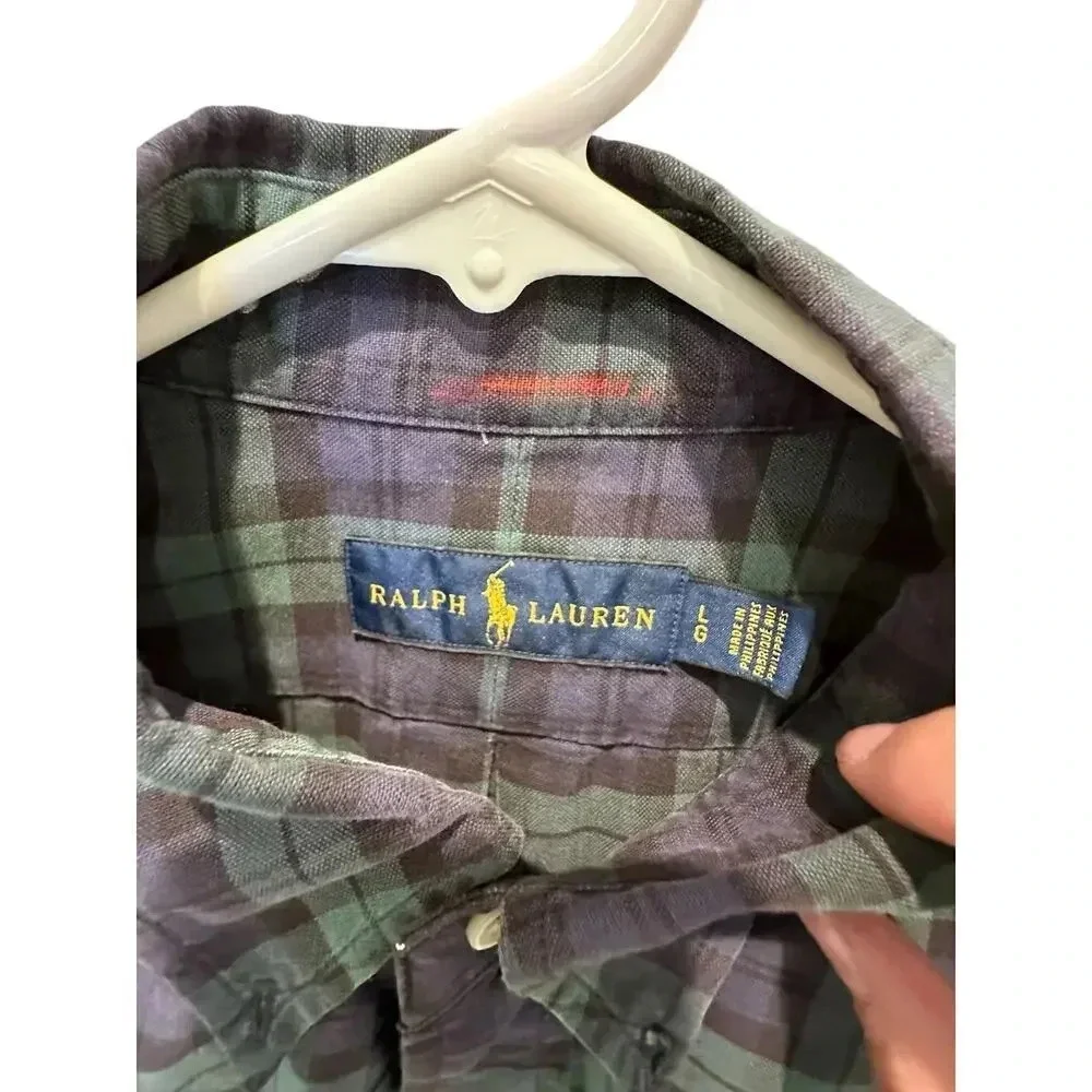 Polo Ralph Lauren green blue plaid Long Sleeve Casual Button-Down Shirt Size L